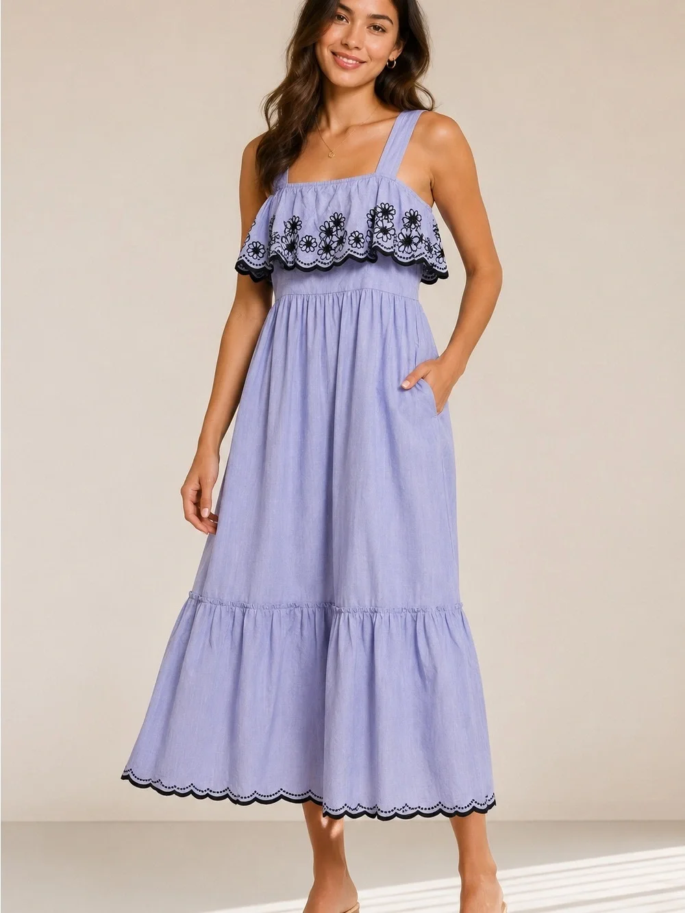 Kate Spade New York Blue Cotton Embroidered Ruffle Midi XS